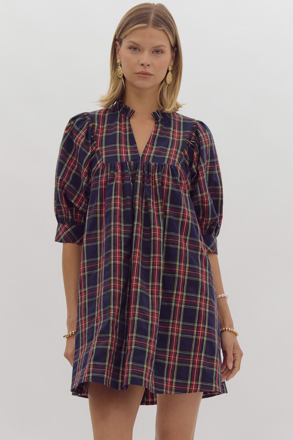 Plaid V-Neck Puff Sleeve Mini