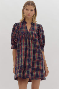 Plaid V-Neck Puff Sleeve Mini