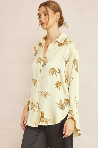 Leopard Print Long Sleeve Button Up Natural
