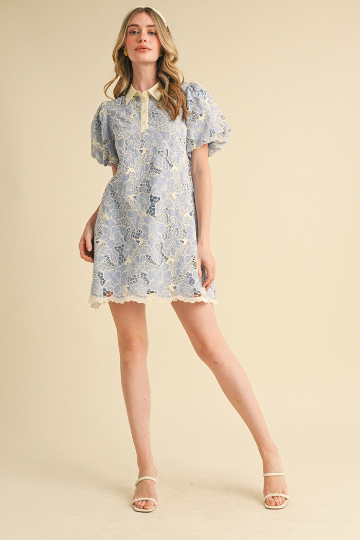 Lace Bubble Sleeve Mini Blue