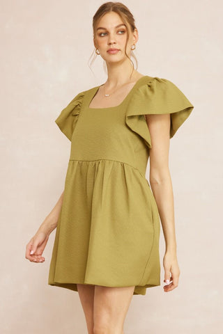 Textured Square Neck Dress Olive