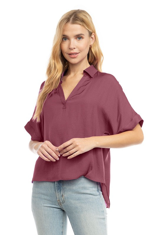 High-Low Collar Satin Blouse Rosewood
