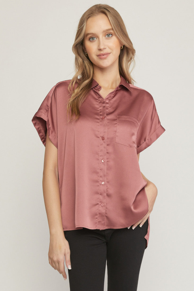 High-Low Satin Button Down Cocoa