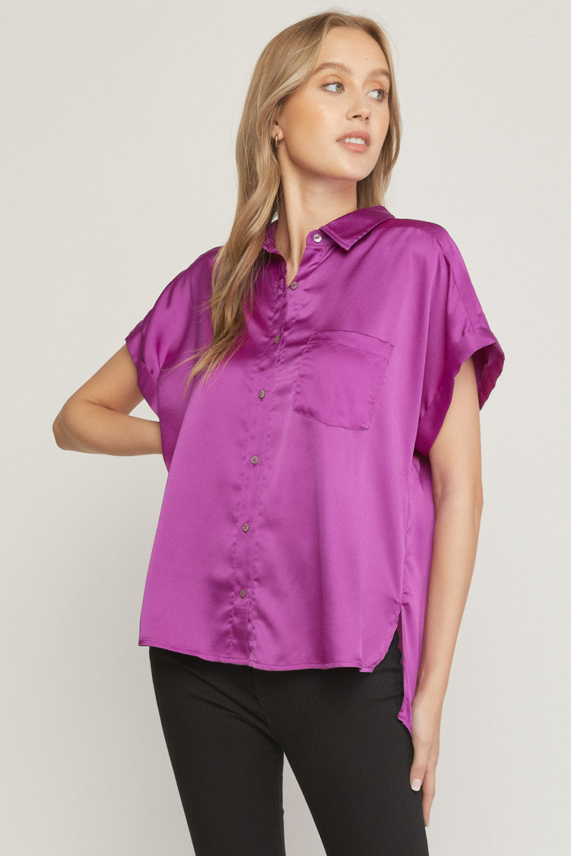 High-Low Satin Button Down Plum