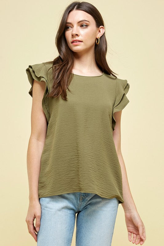 Ruffled Sleeve Top Olive