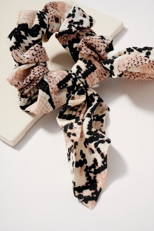 Snake Print Hair Scrunchy with Ribbon Tie Natural