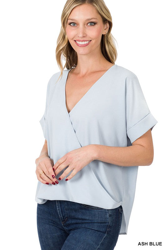 Woven Draped Front Top Ash Blue