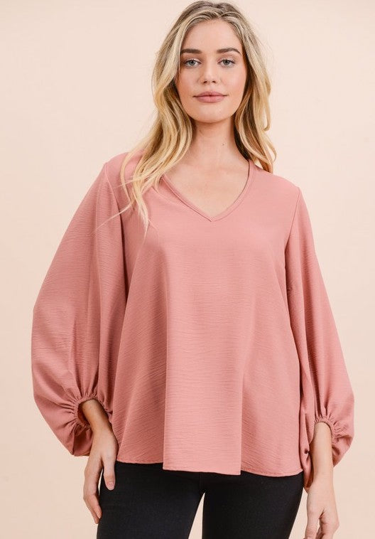 V-Neck 3/4 bubble sleeve top Mauve