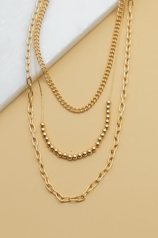 Ball and Chain Triple Necklace Gold