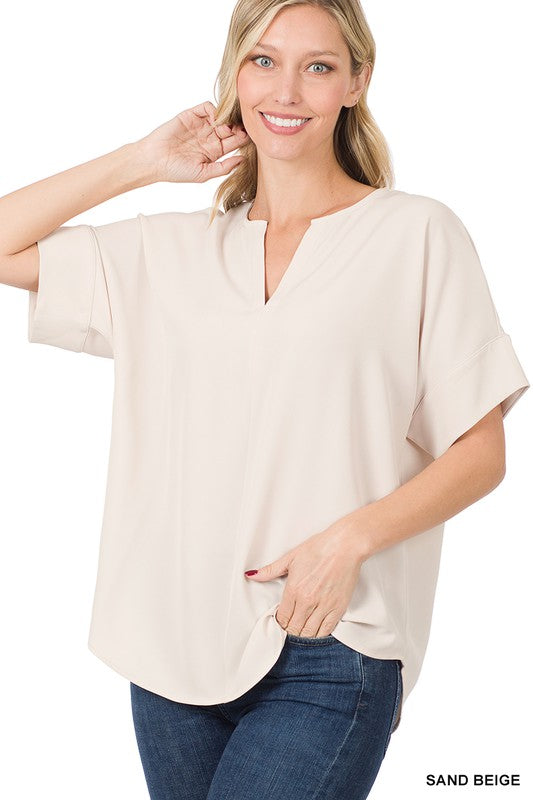 Split Neck Top Sand Beige
