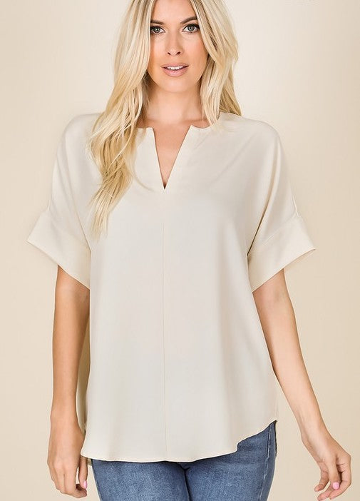Woven Split Neck Top Taupe