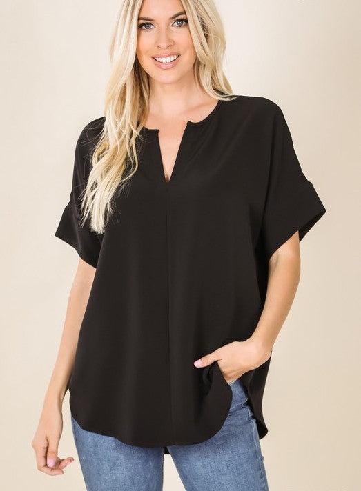 Woven Split Neck Top Black