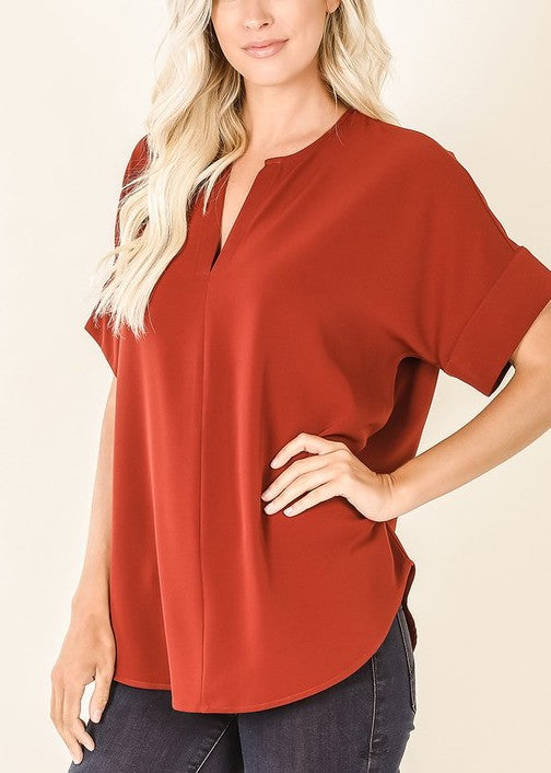 Woven Split Neck Top Fired Brick