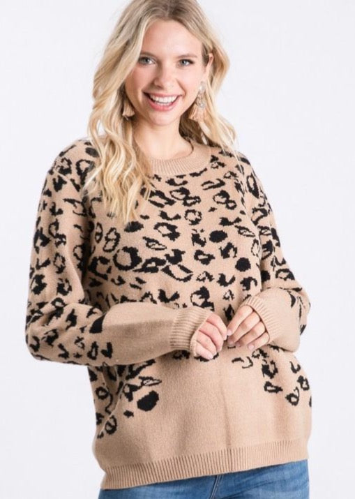 Animal Print Pullover Sweater Beige
