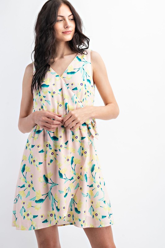 Floral Side Tie Sleeveless Dress Peach