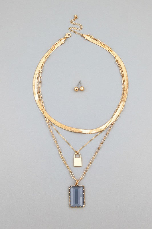 Lock and Jewel Chain Necklace Blue