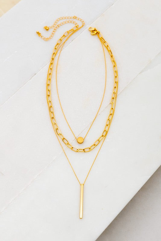 Triple Layered Circle And Bar Chain Necklace Gold