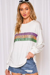 Mardi Gras Striped Sequin Long Sleeve Top White