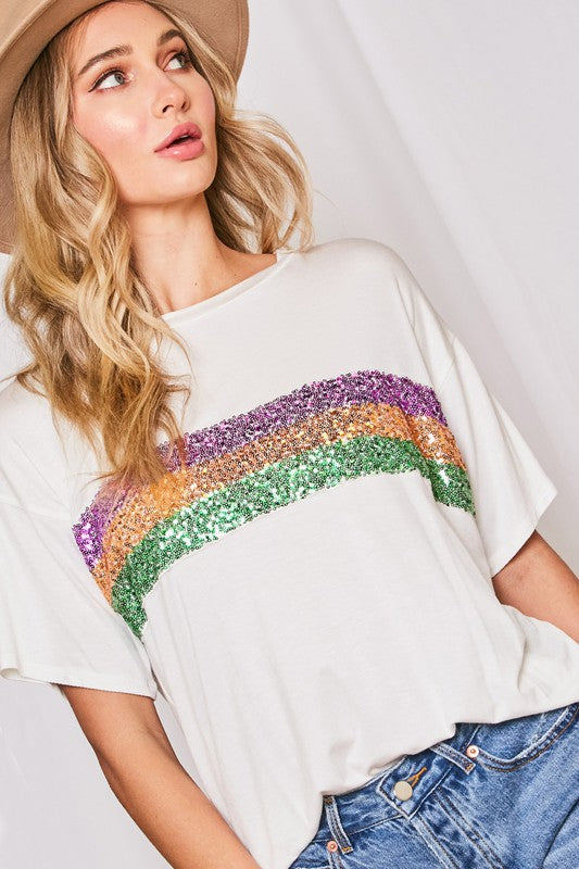 Mardi Gras Striped Sequin Top White