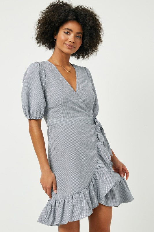 Checkered Ruffled Wrap Dress Navy