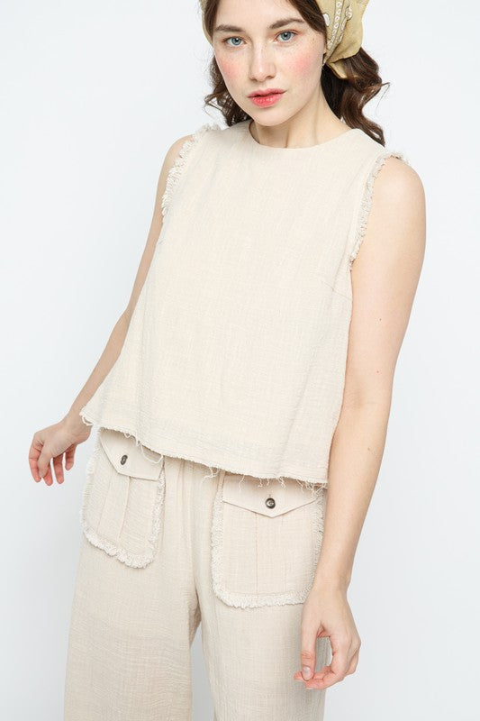 Linen Fringe Tank Taupe