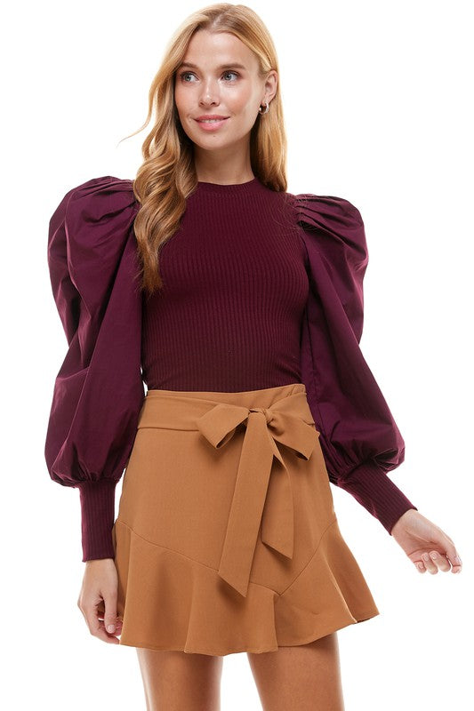 Poplin Puff Sleeve Sweater Burgundy