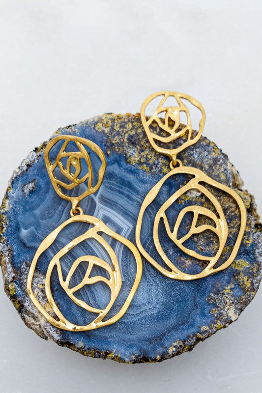 Hammered Rose Drop Earrings Gold