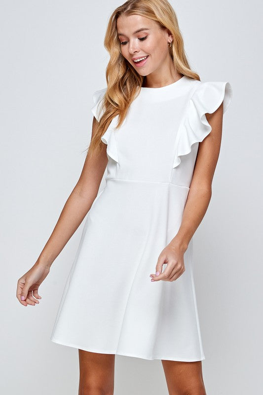 Solid Knit Ruffled Sleeve Dress Ivory