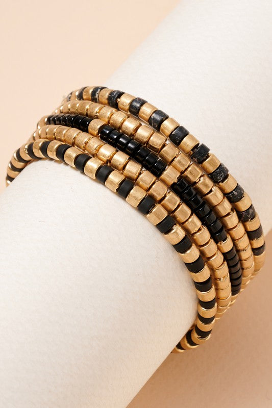 5 Stretch Stone and Metal Bracelets Black