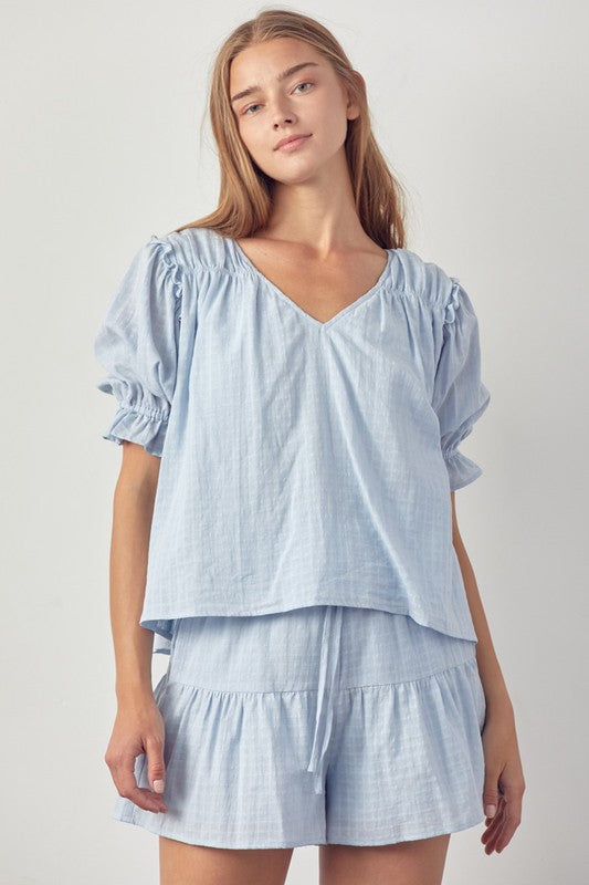 Textured Puff Sleeve Top Blue