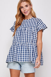 Gingham Tiered Baby Doll Top Navy