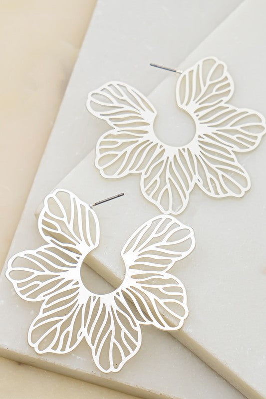 Flower Cut-Out Hoop Earrings Silver