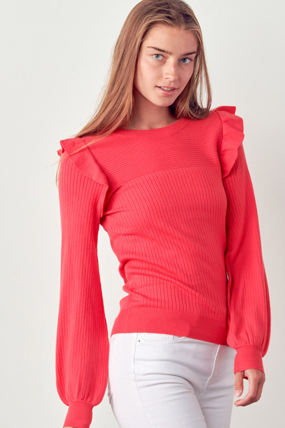 Ruffle Shoulder Crew Neck Sweater Teaberry