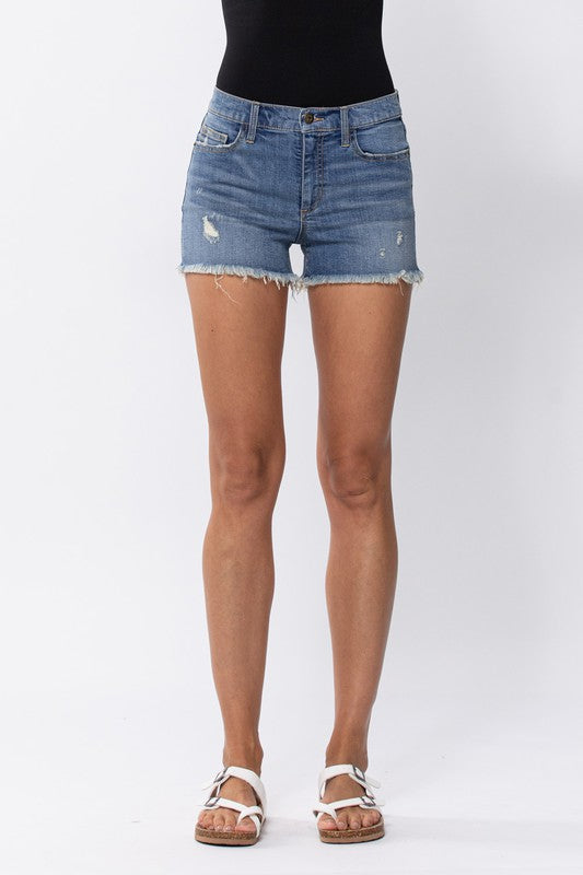 Mid Rise Distressed Denim Shorts