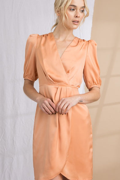 Faux Wrap Puff Sleeve Mini Dress Apricot