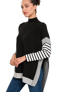 Striped Mock Neck Sweater Black