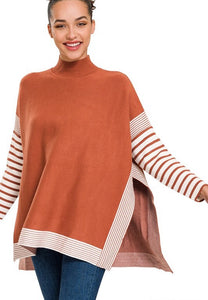 Striped Mock Neck Sweater Rust