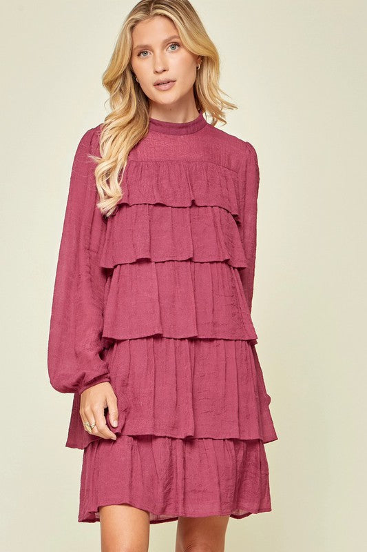 Layered Long Sleeve Woven Dress Magenta