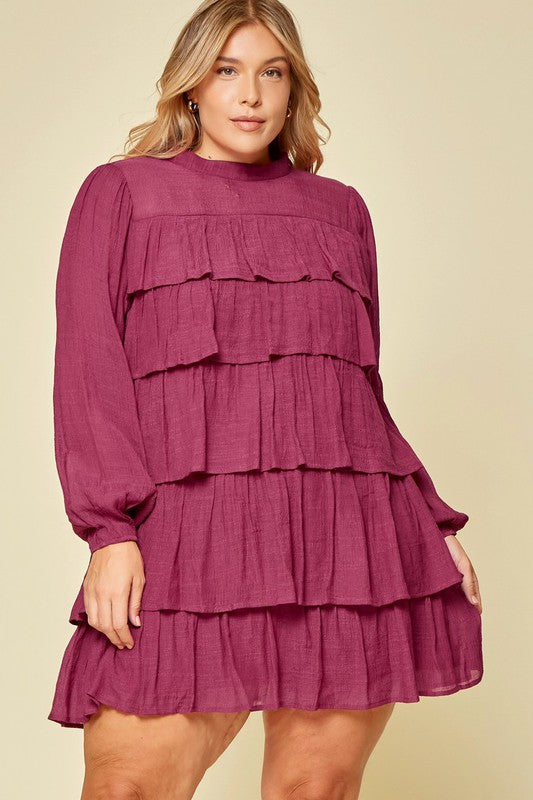 Layered Long Sleeve Woven Dress Magenta
