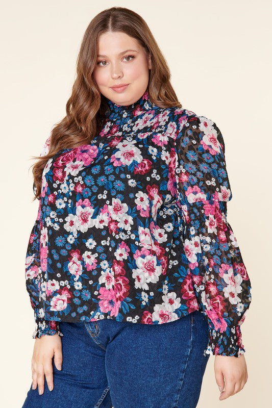 Floral Mock Neck Blouse Black Multi