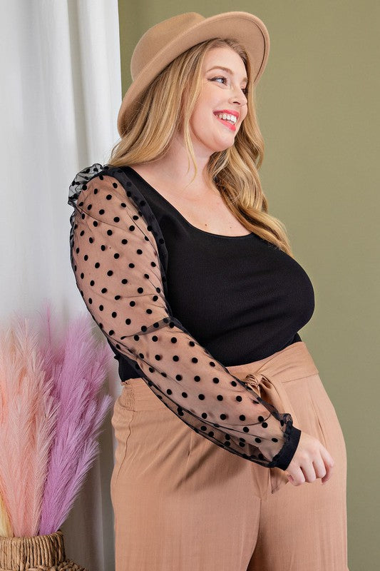 Polka Dot Mesh Sleeve Top Black