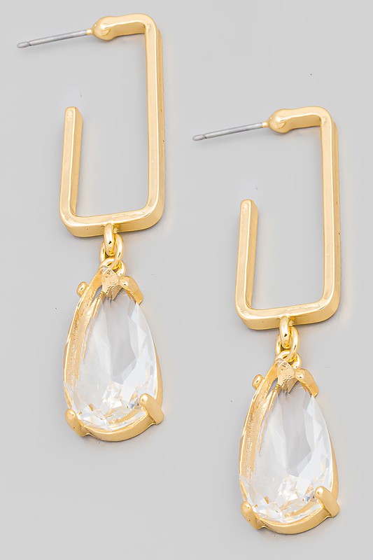 Crystal Teardrop Rectangle Hoop Gold