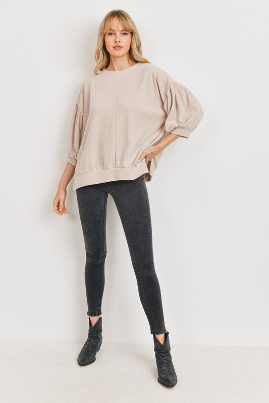 Bubble Sleeves French Terry Knit Top Taupe