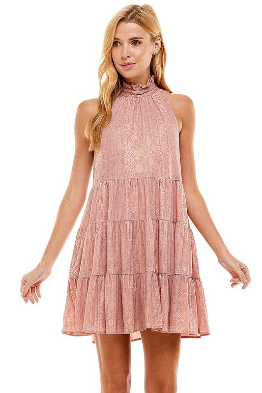 Snake Print Tiered Dress Pink