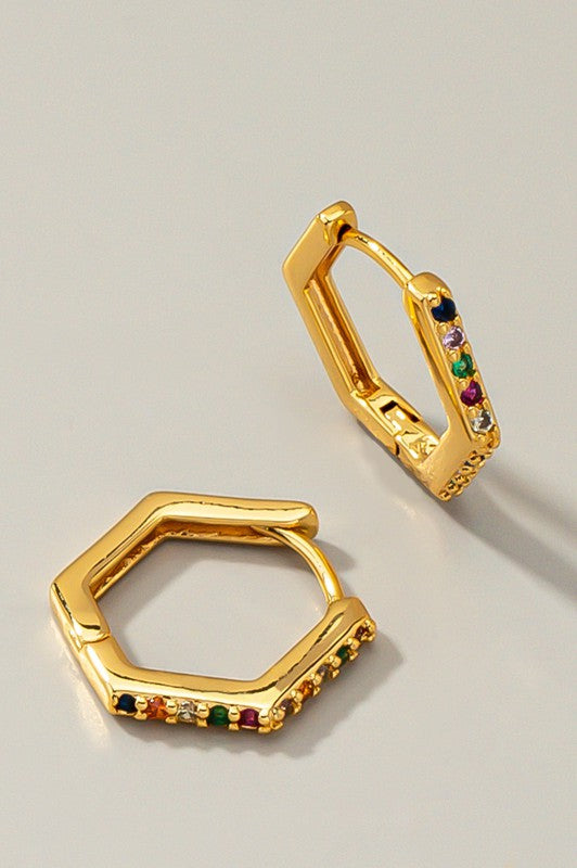 Hexagon Stone Huggie Gold