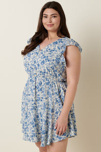 Flower Print V-Neck Dress Plus Blue
