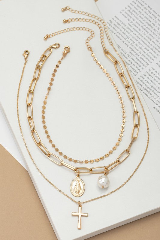 Cross Pendant Pearl Necklace Set