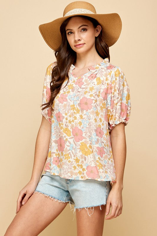 Floral Ruffled V-Neck Top