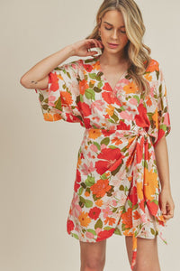 Floral Side Tie Wrap Dres Red