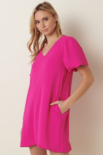 Puff Sleeve Shift Dress Hot Pink